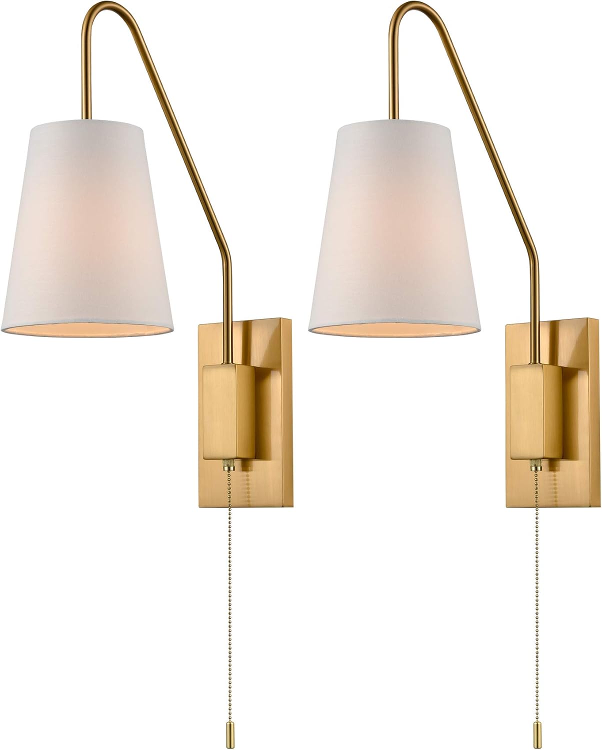 Modern Brass Set of 2 Plug-in Wall Sconces, Linen Fabric Shade