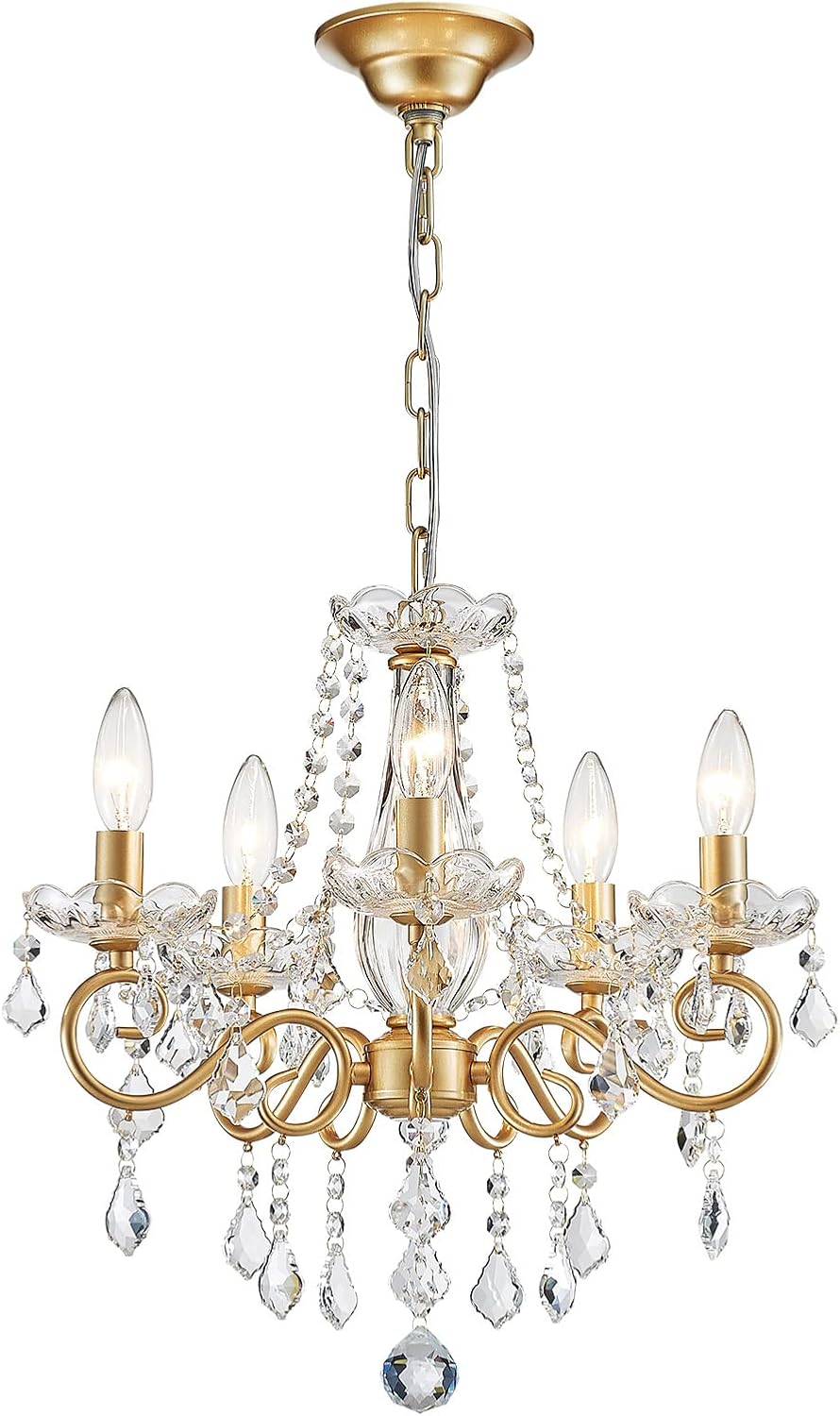 ANJIADENGSHI Mini Crystal Chandelier K9 Crystal Gold Chandelier for Living Room Bedroom Dining Room Kitchen Island Entryway, 5 E12 Bulbs, Golden