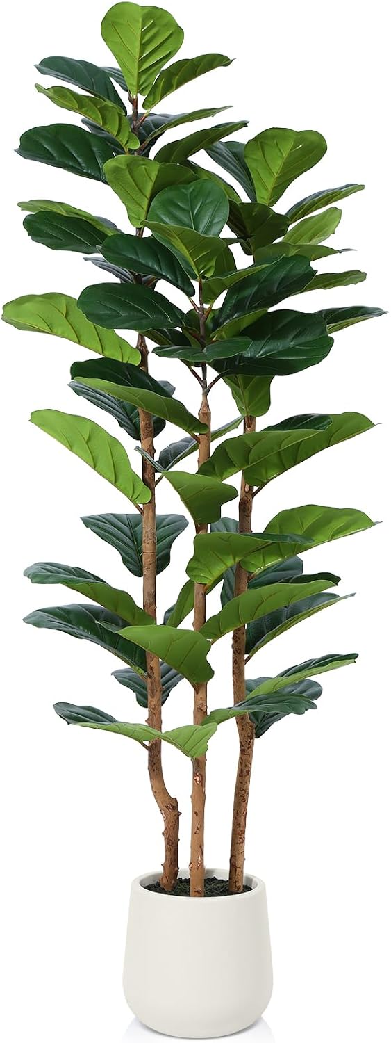 Artificial Fiddle Leaf Fig Tree with White Planter, 5ft Tall Fake Tree with Natural Wood Trunk for Home Decor, Faux Ficus Tree Fake Moss for Indoor Office Living Room