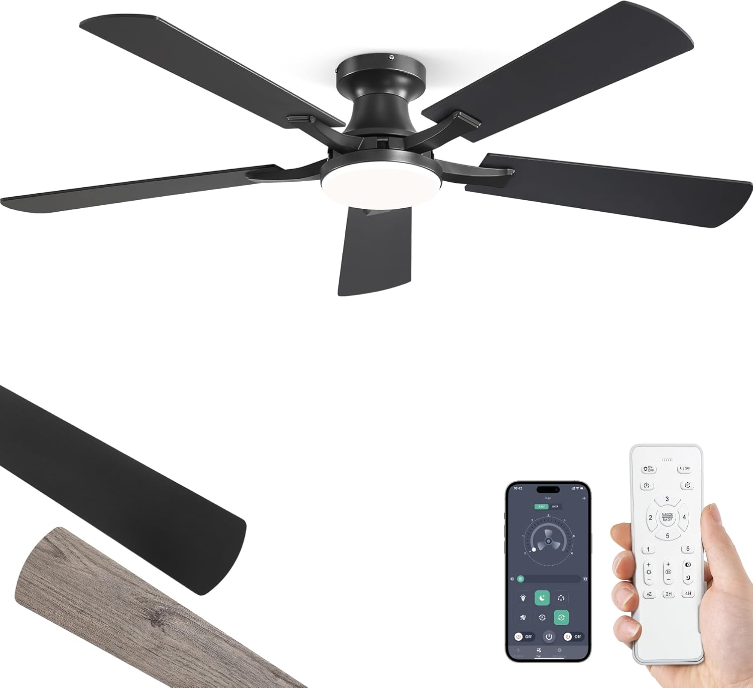 ZMISHIBO 52 Inch Ceiling Fans with Lights, Remote & App Control, Flush Mount