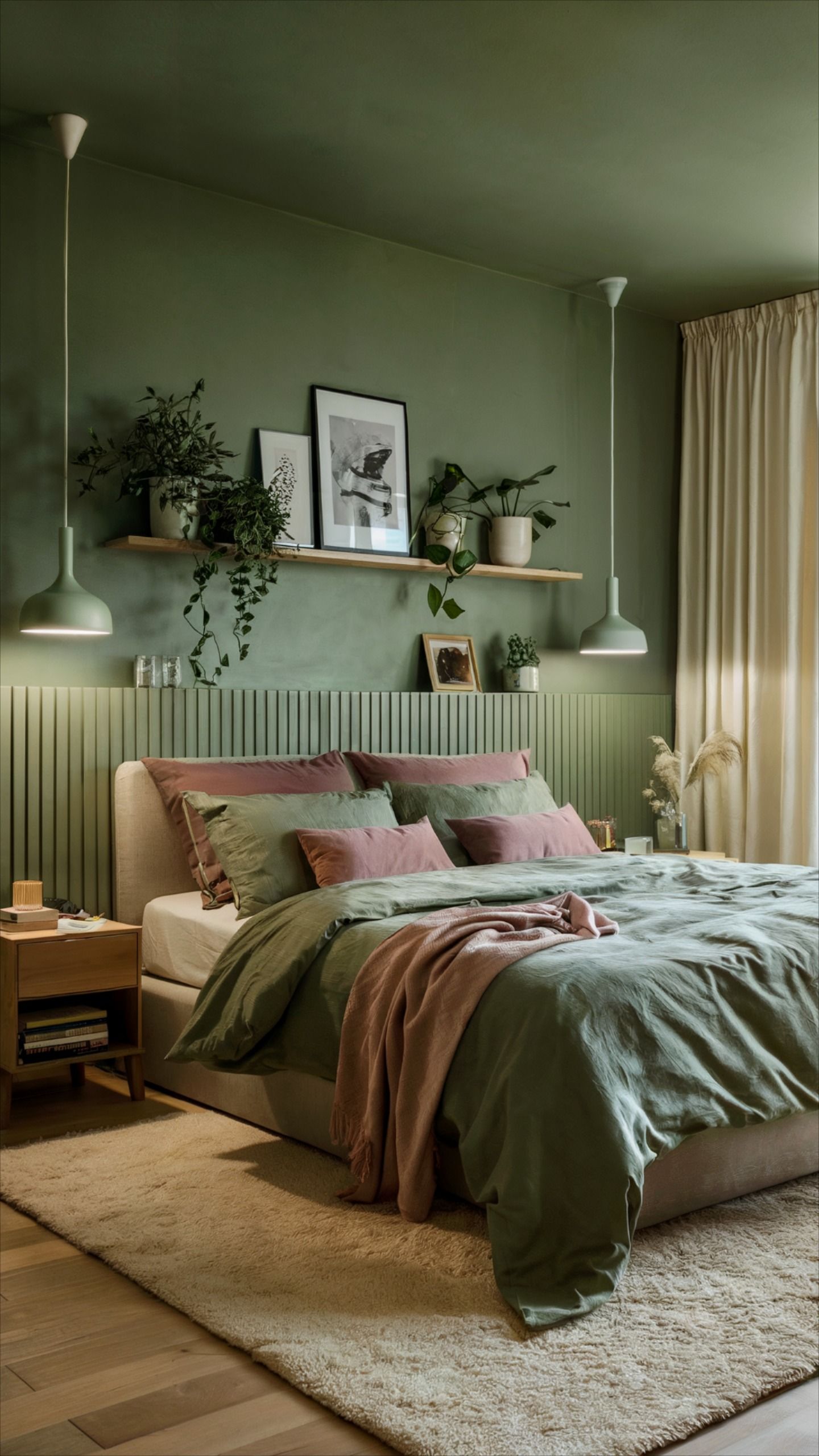 Sage green accent wall behind a bed with a floating shelf, framed prints and a beige upholstered headboard
