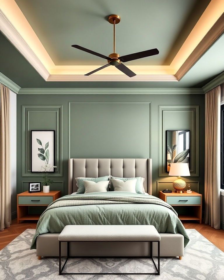 Bedroom with a sage green tray ceiling and matching walls, plus a ceiling fan and warm accent furniture