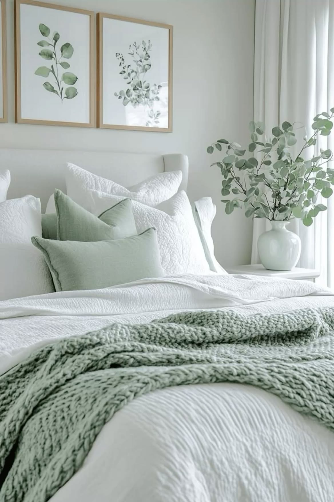 Sage green bedroom styled with warm neutral tones and natural materials