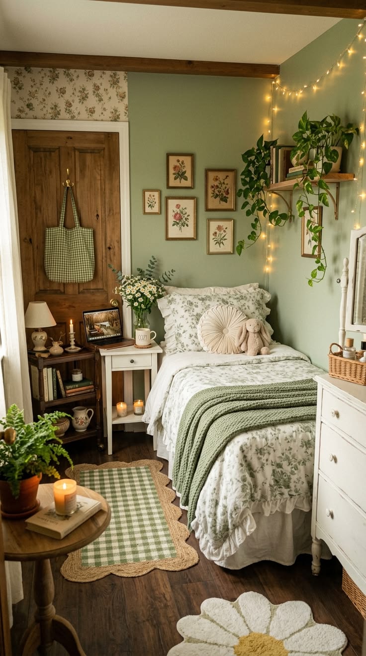 Cottage-style bedroom with floral bedding, string lights, a vintage wood door and a gallery of botanical prints