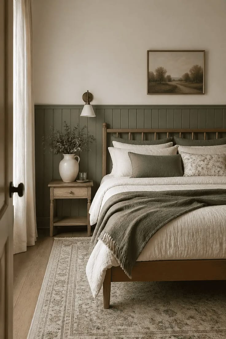 Sage green accent wall behind a dark wood four-poster bed with a botanical gallery wall