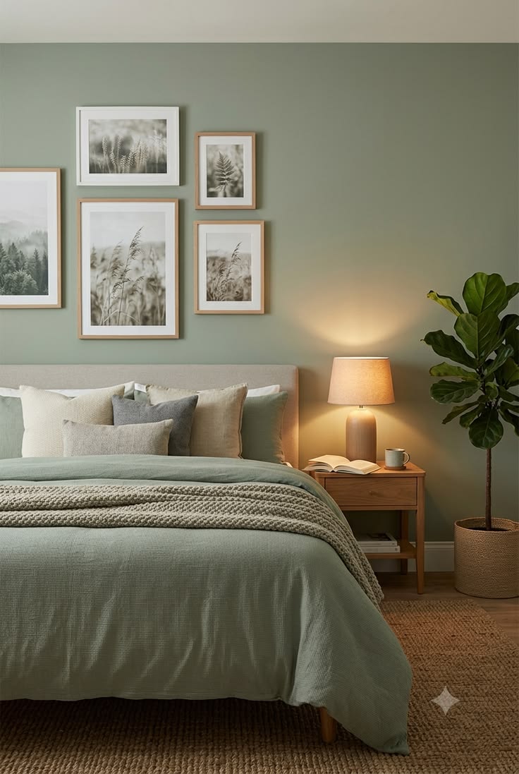 Deep sage and olive green bedroom with warm brass lighting and layered neutral bedding for a moody feel