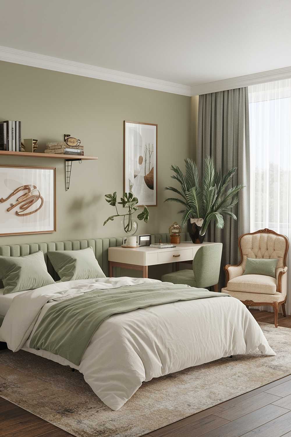 Warm beige bedroom wall with a copper pendant light and sage green and cream bedding