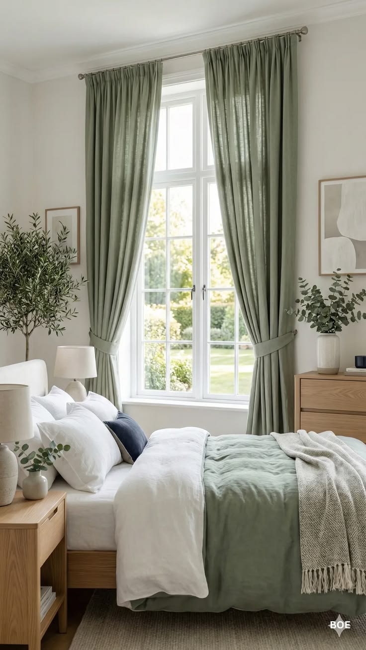 Floor-to-ceiling sage green curtains framing a bedroom window beside white bedding and a wood dresser