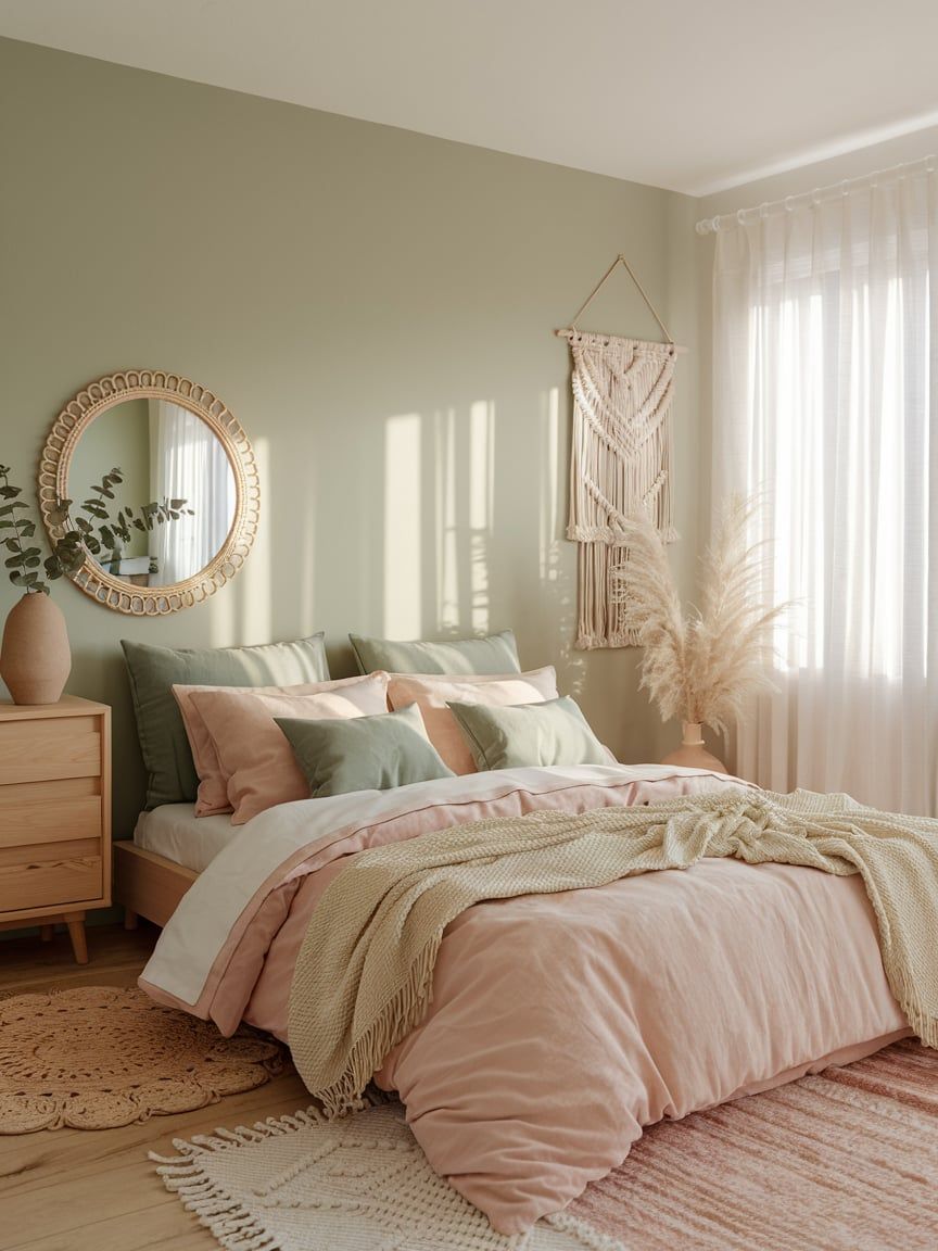 Boho bedroom with a round rattan mirror, macrame wall hanging and sage green and blush pink bedding