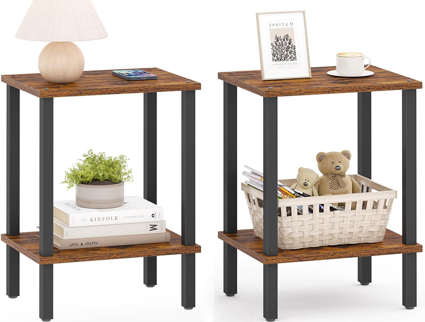 TUTOTAK Set of 2 End Tables, 2-Tier Storage Shelf Side Tables