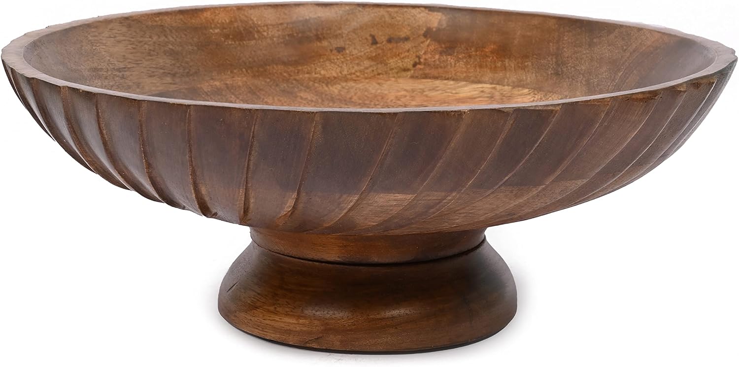 EDHAS Hand Carved Mango Wood Decorative Pedestal Bowl