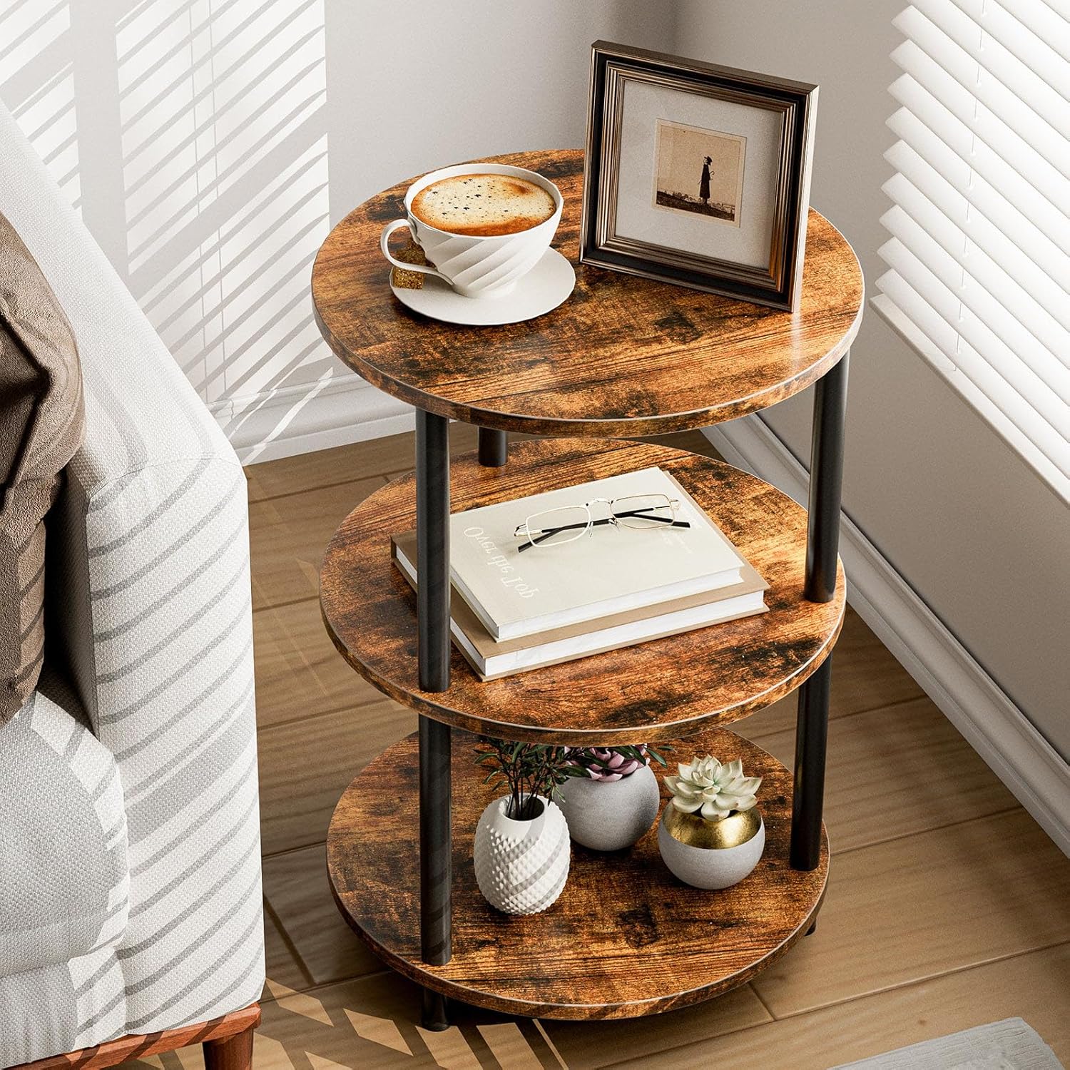 XBurmo Small Round 3-Tier Accent Side Table, Industrial Style