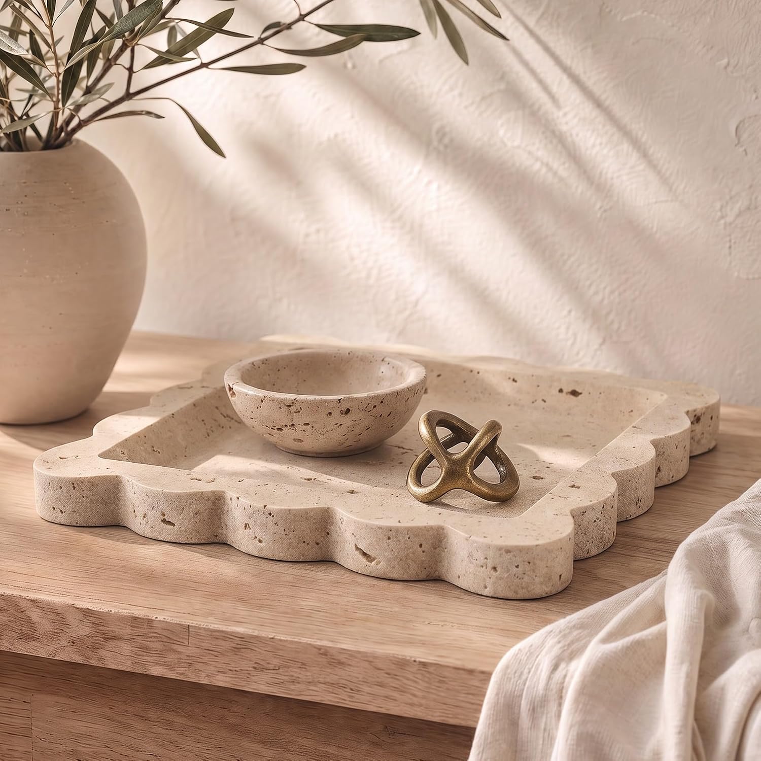 Decorative Scalloped Tray, Travertine Stone Inspired Jewelry Tray