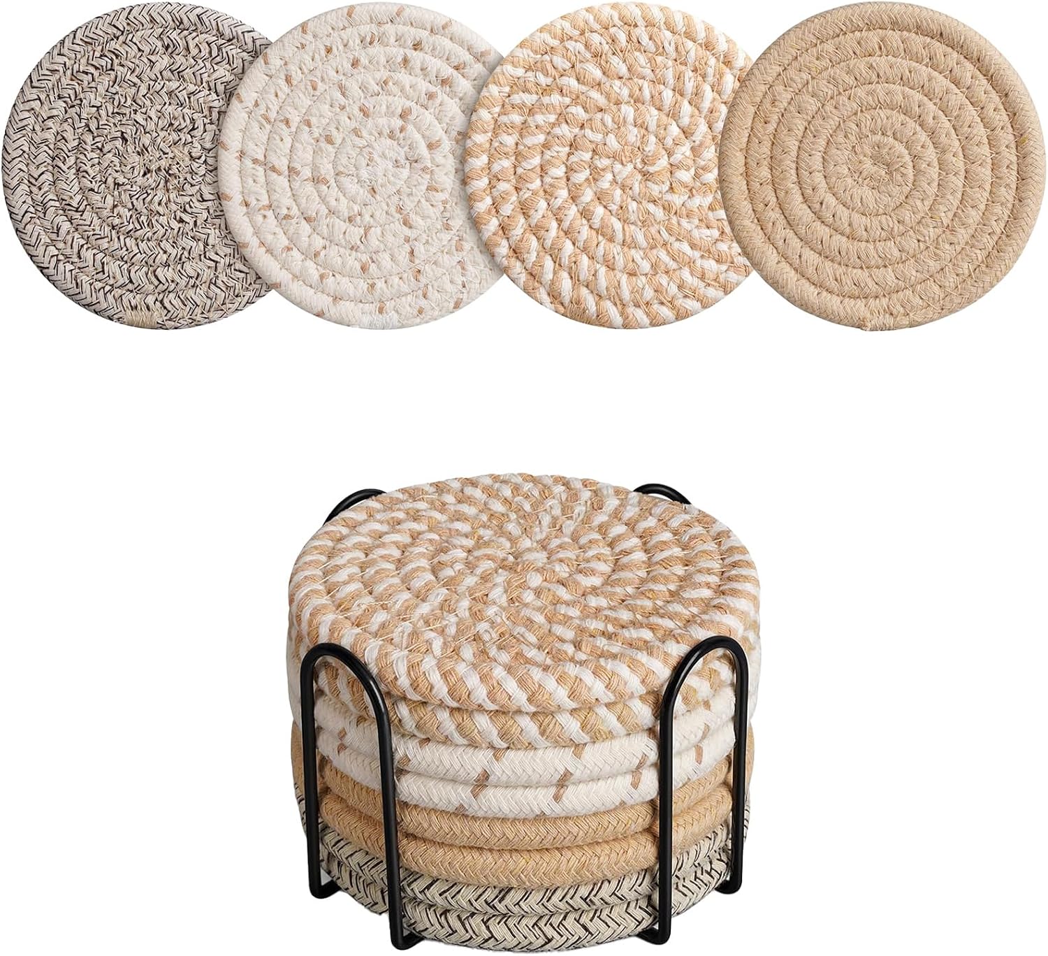 Boho Woven Cotton Coasters Set of 8 with Holder