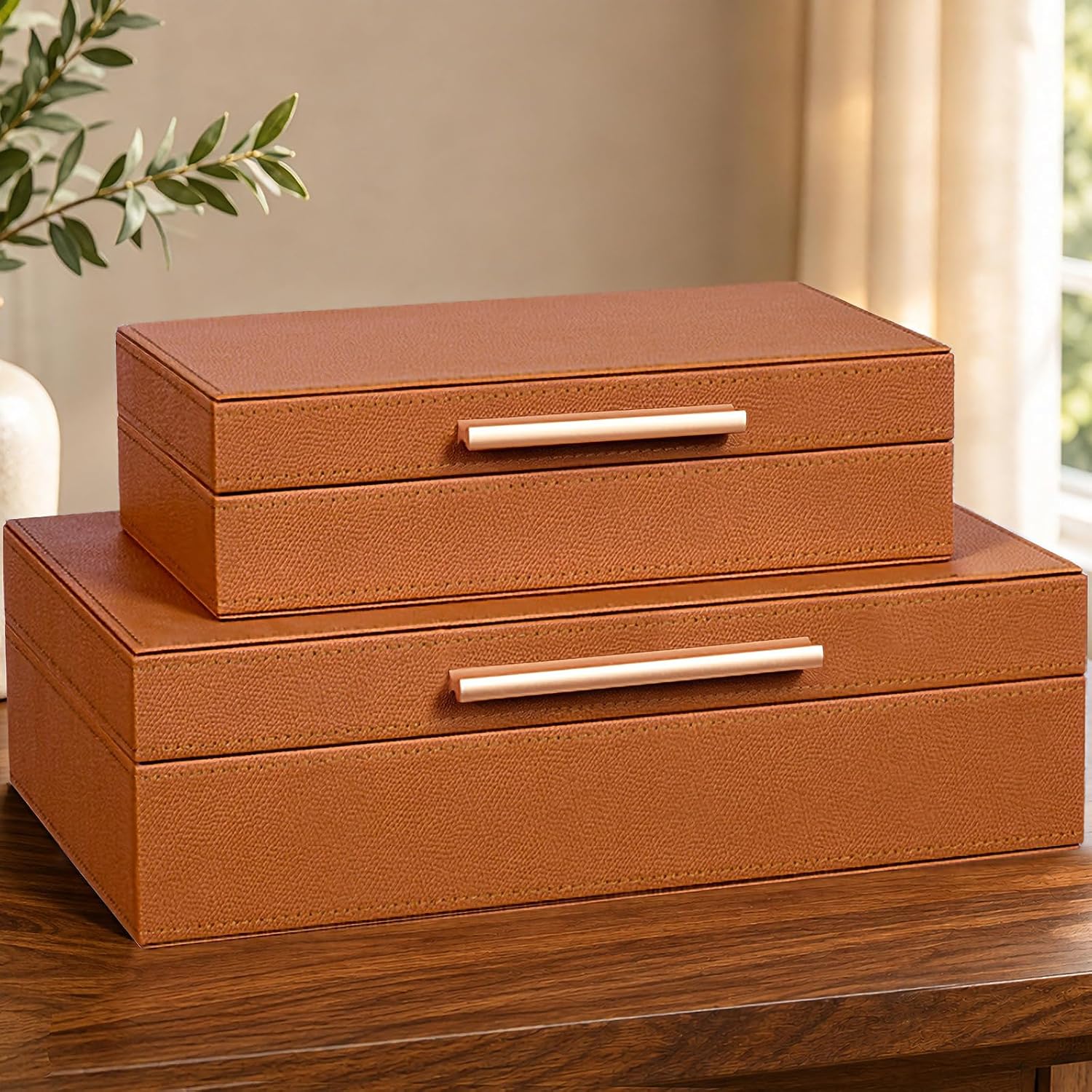 Decorative Storage Boxes with Lids, 2 Pack, Leather-Look Organizer Bins