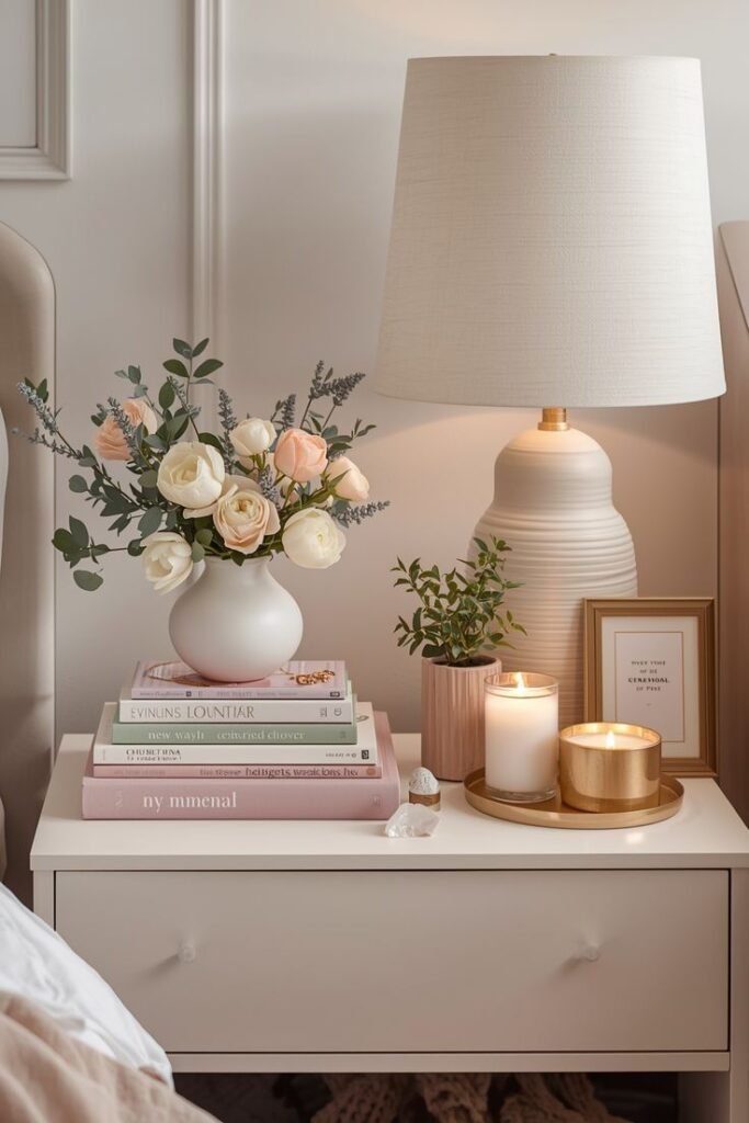 Stack of hardcover books topped with a small object on a side table