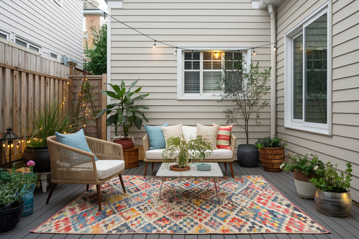 Small backyard patio styled with colorful outdoor furniture