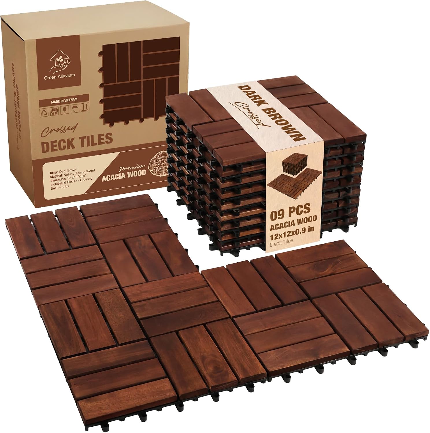 Acacia Wood Interlocking Deck Tiles, 12 Inch, 9 Pack