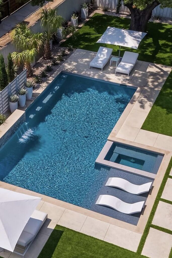 Multi-level pool zones adding structure to a small backyard