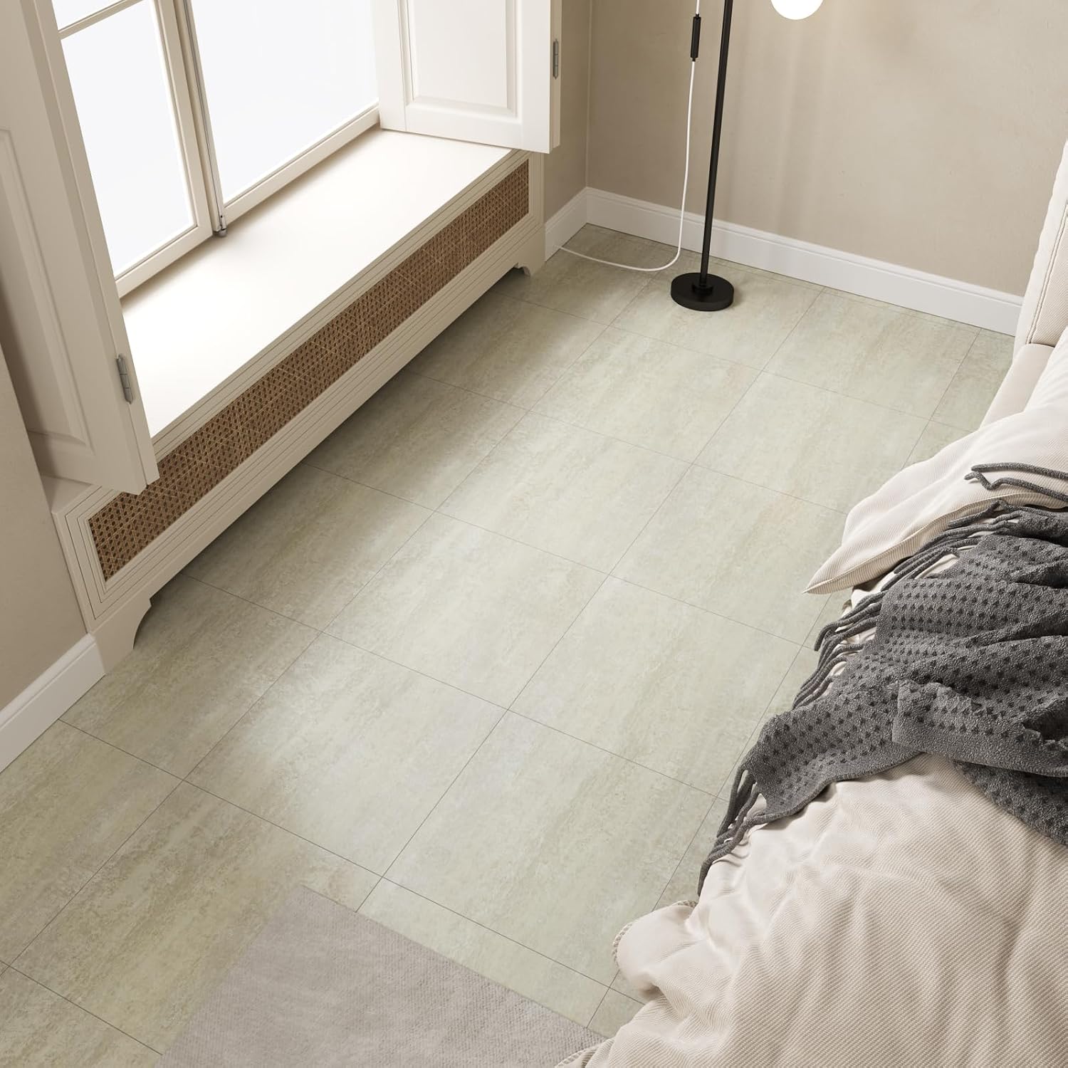 VaryStyle 12"x12" Light Beige Concrete Peel and Stick Floor Tiles Thick Vinyl Flooring Waterproof Self Adhesive Removable Sticky Stick on Floor Tile for Kitchen Bathroom Basement Flooring 6 Tiles
