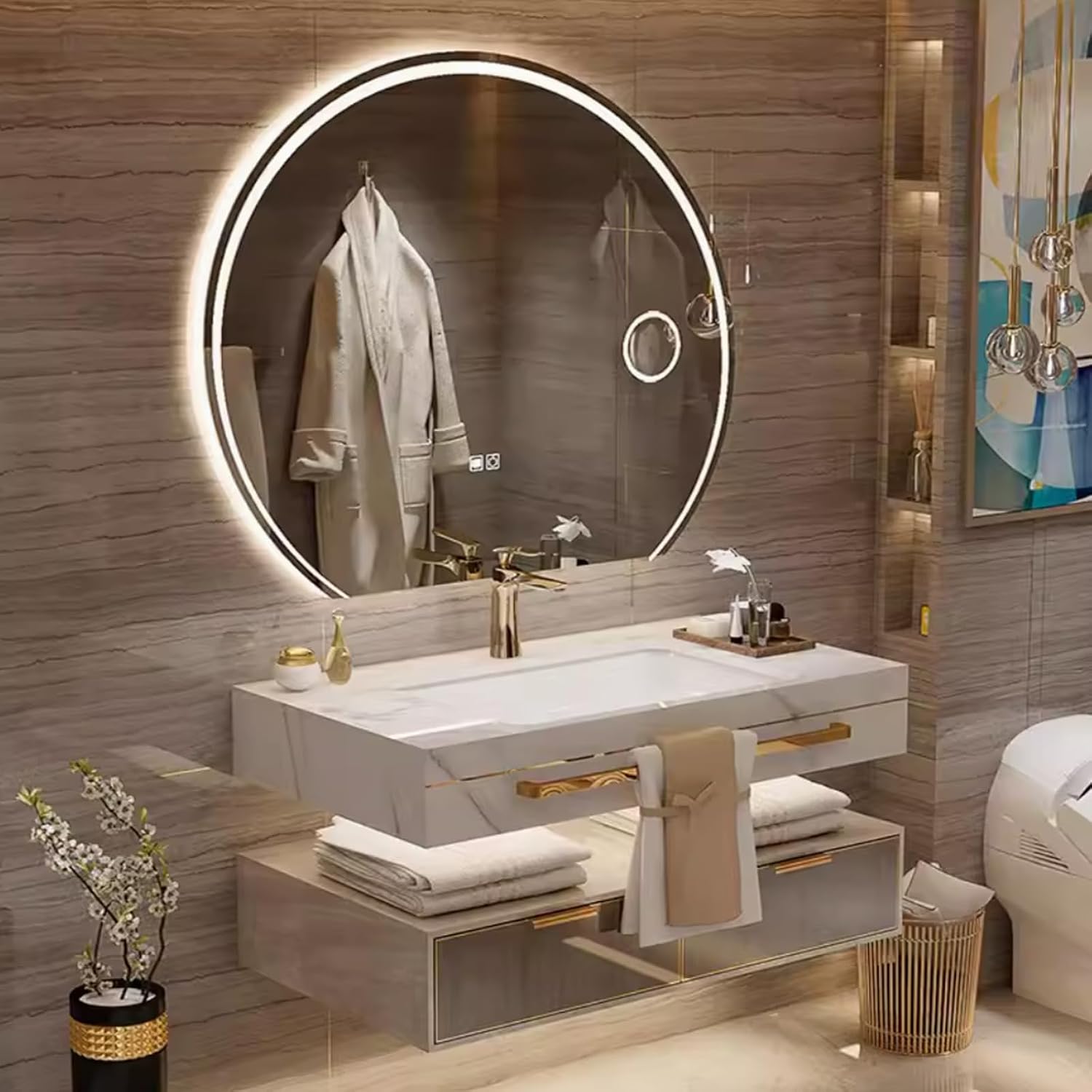 36 Inch Luxury Bathroom Vanity, Floating Bathroom Vanity with Sink and LED Round Smart Defogger Mirror, Multilayer solid wood Spacious Storage Drawer Include Faucet and Drain Fittings,Single Sink