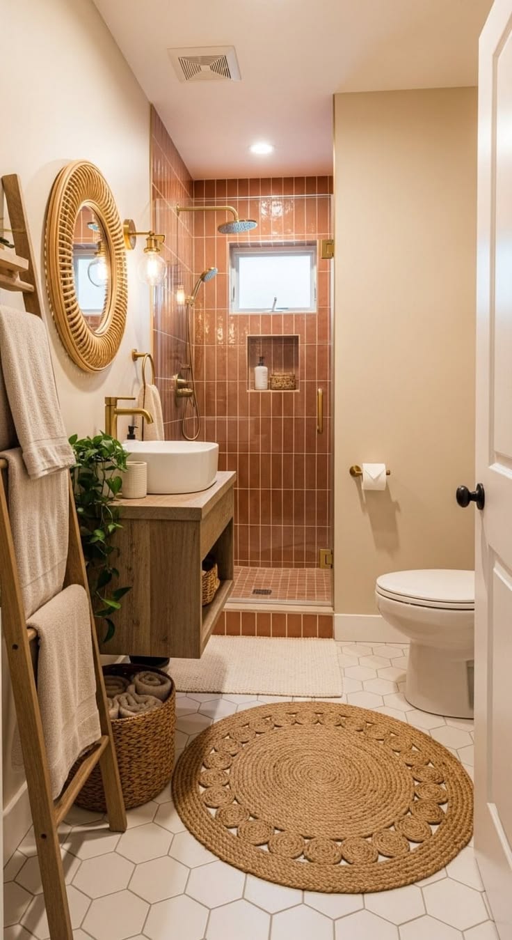 Small bathroom shower with a window above the tile