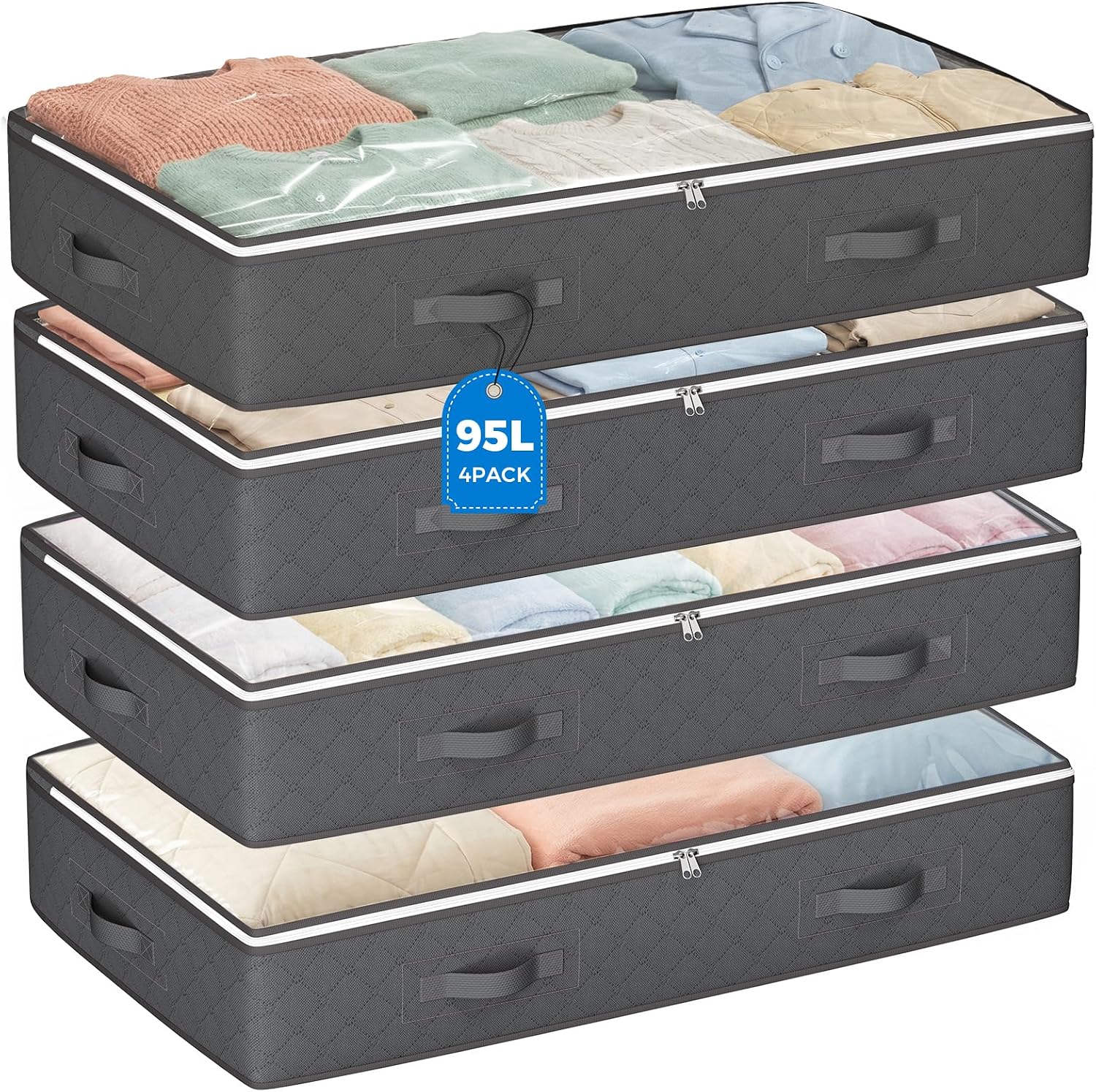 Budding Joy 95L Under Bed Storage Containers, 4 Pack, Grey