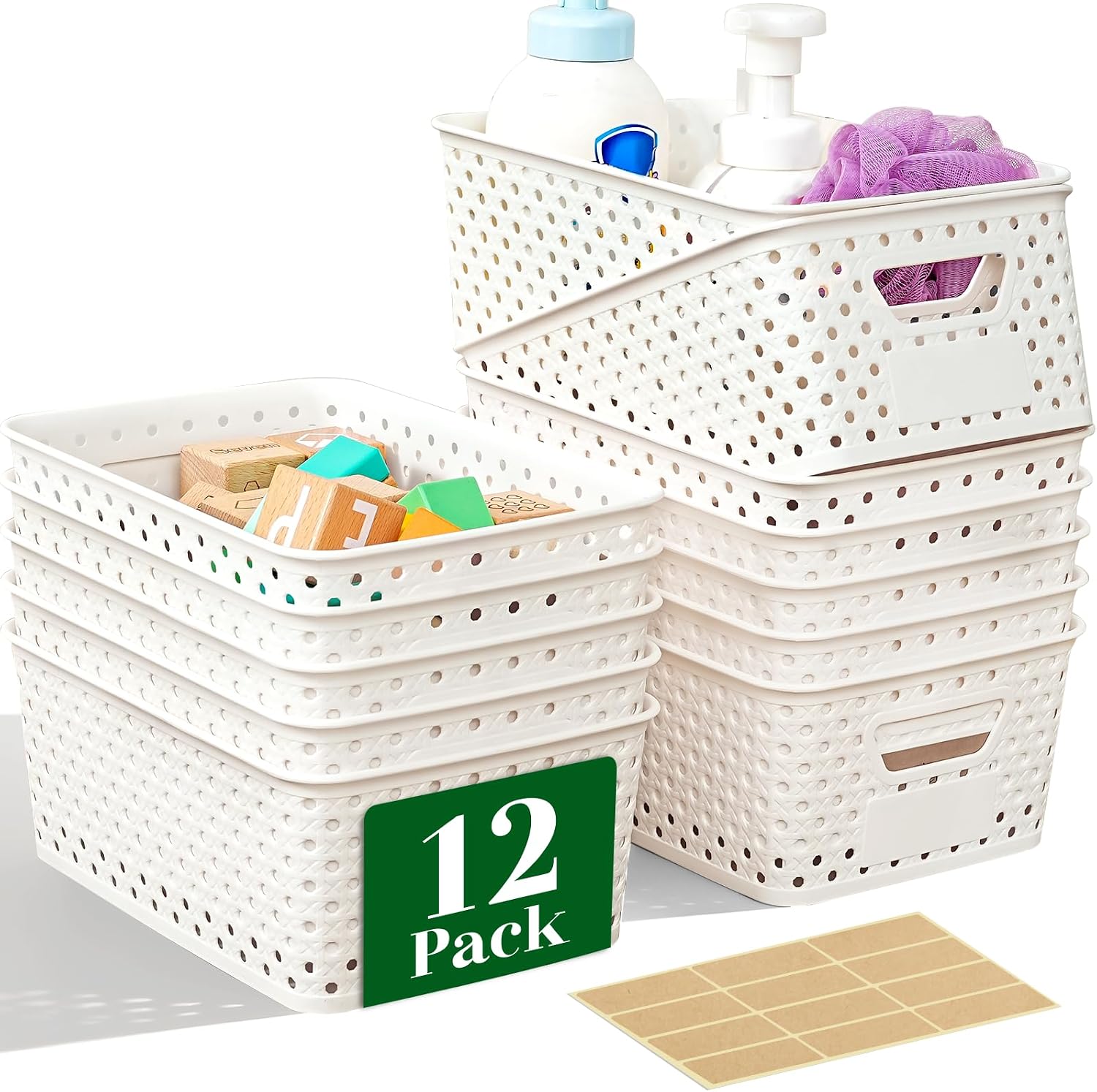12 Pack Plastic Storage Baskets with Handles for Shelves