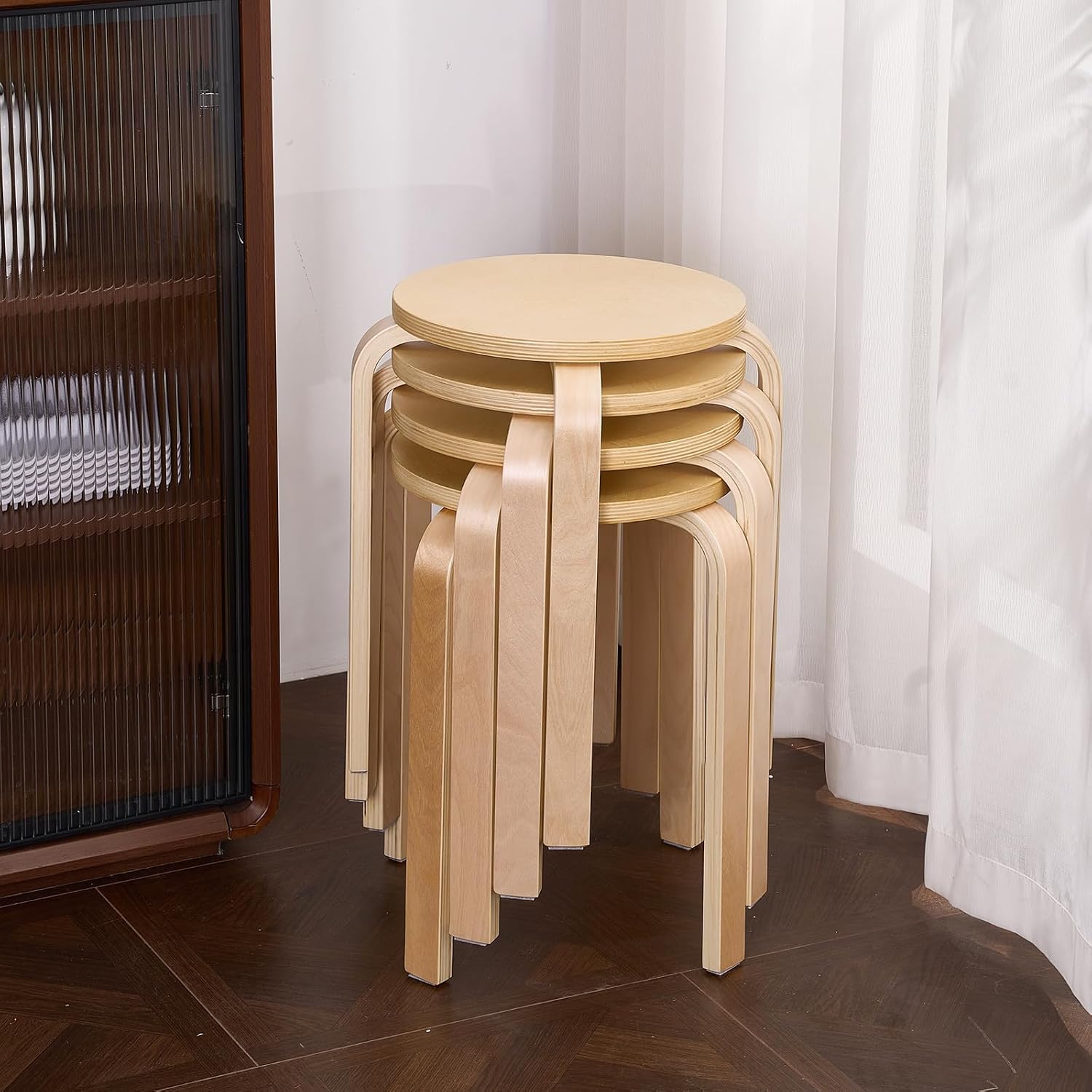 Stackable Bentwood Stool Set of 4, 18 Inch Round Wood Nesting Stools