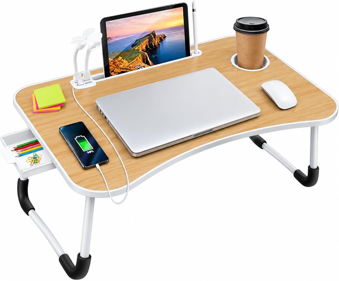Portable Folding Laptop Bed Desk with USB Fan, Lamp and Cup Holder