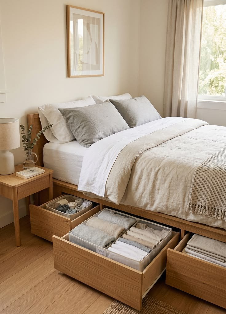 Low-profile labeled storage bins tucked under a bed in a small bedroom