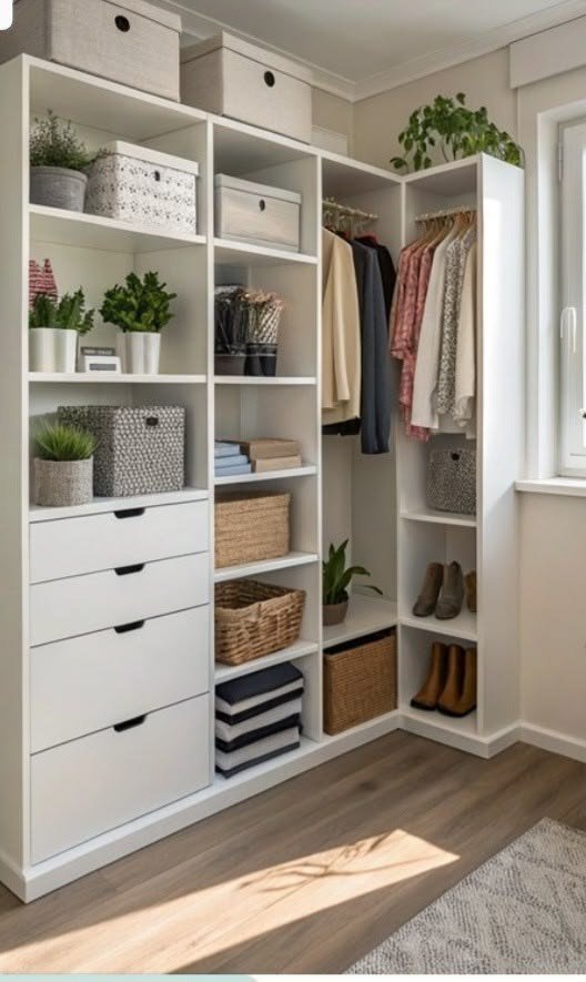 Vertical closet organizers with hanging shelves and dividers maximizing closet height