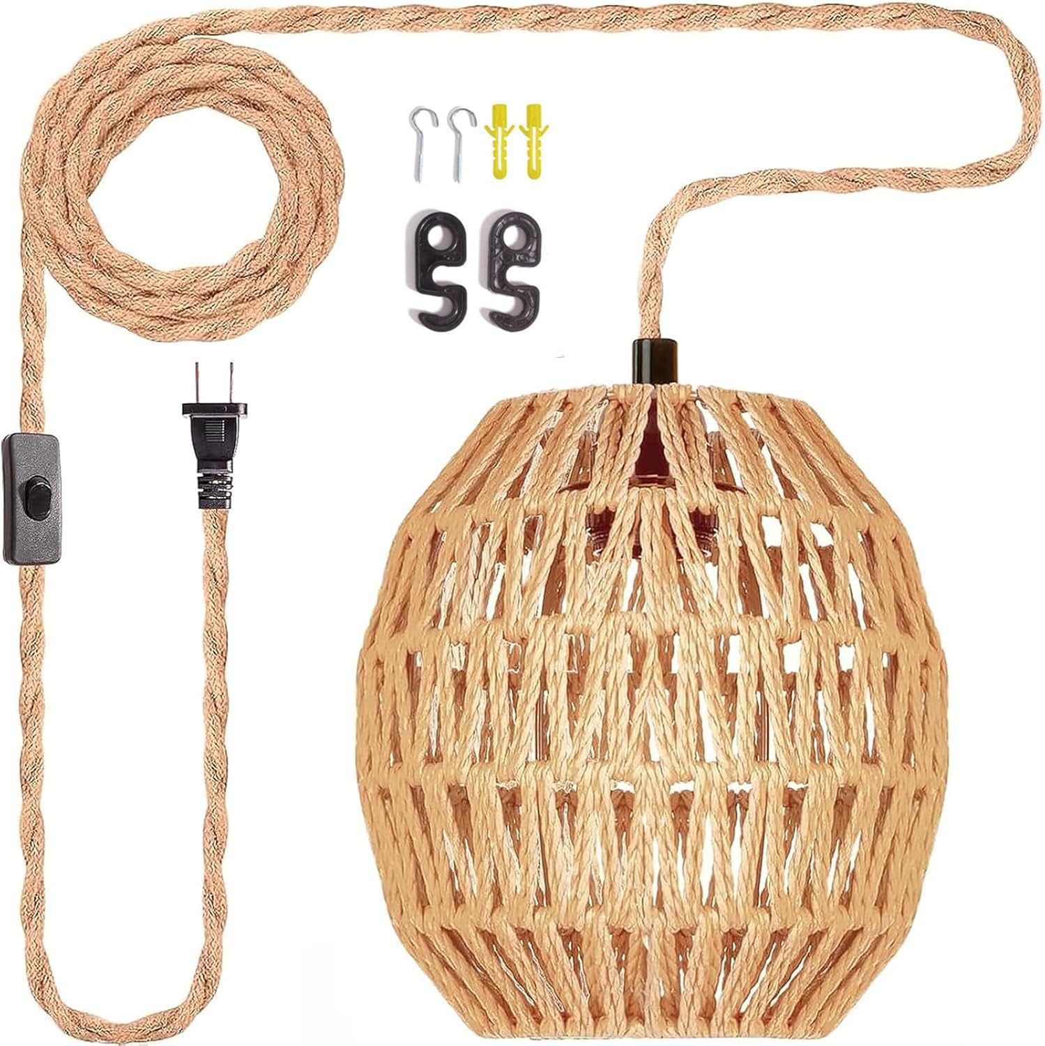 Maliralt Rattan Plug-In Pendant Light with 16.4 Ft Cord, Hanging Lamp