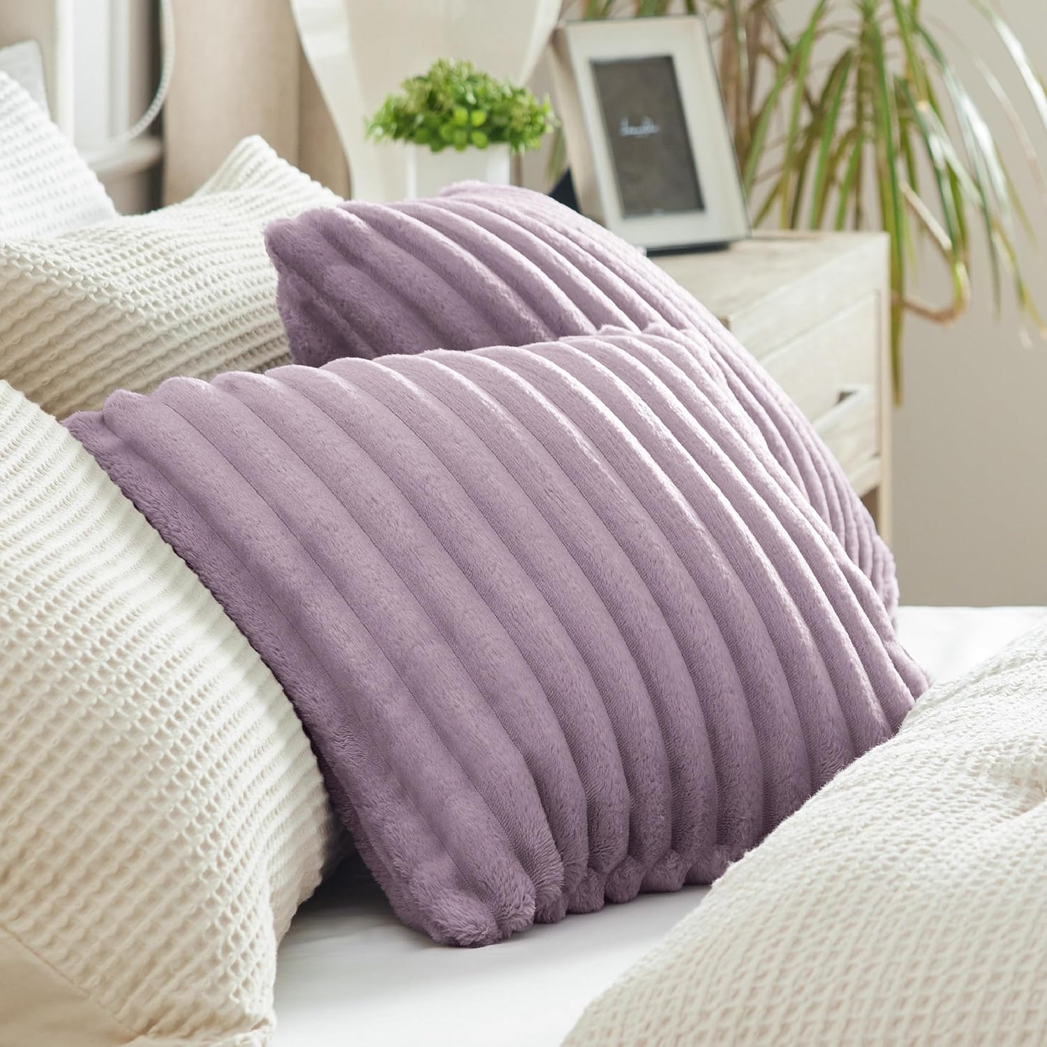 Bedsure Fleece Striped Throw Pillow Covers, Light Purple, 18 x 18 Inch