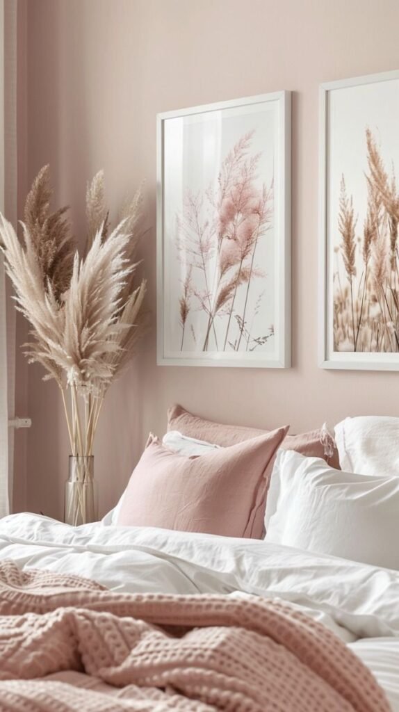 Small bedroom with blush beige walls, framed botanical art, pampas grass in a vase, pink linen pillows and a pink knit throw