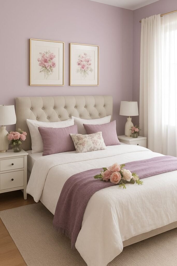 Small bedroom with dusty lavender walls, framed floral art, a tufted beige headboard and purple throw pillows with fresh flowers