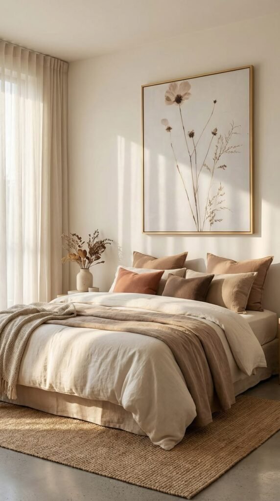 Small bedroom with soft neutral cream walls, a framed botanical print above the headboard, sheer curtains and layered beige and terracotta bedding