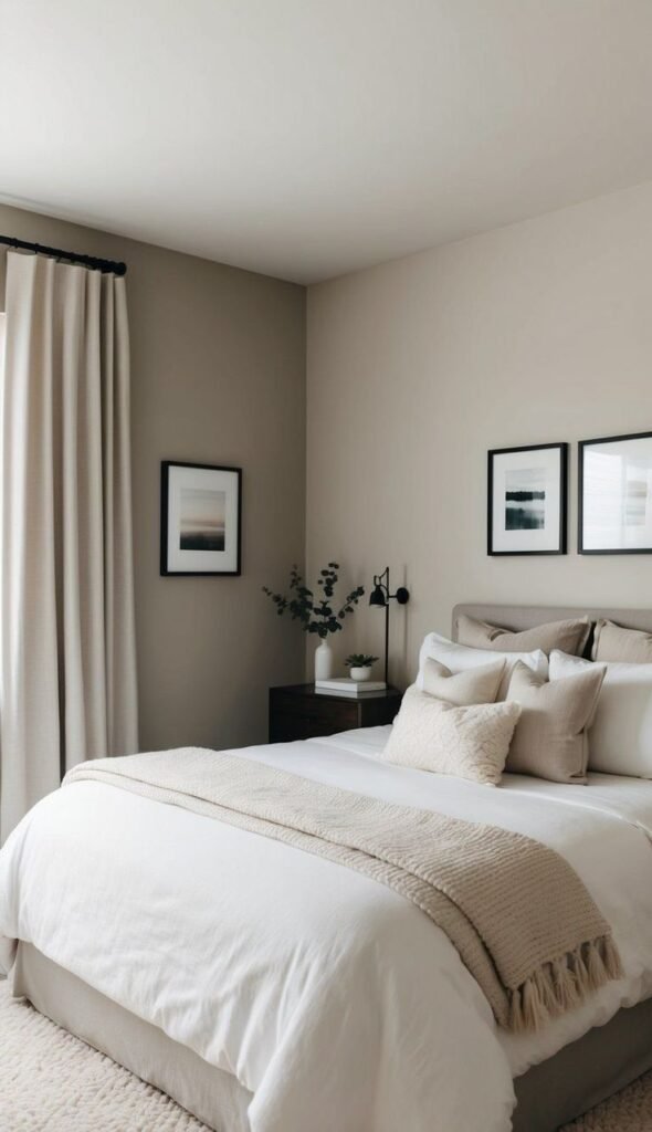 Small bedroom corner with light taupe walls, framed black and white art, a dark wood nightstand with eucalyptus stems and a sconce lamp