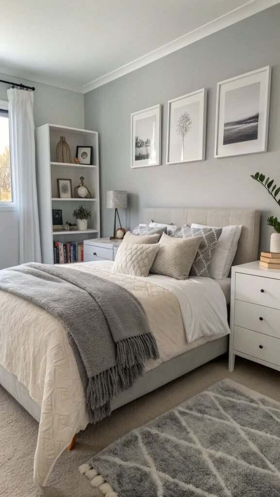 Small bedroom with misty gray walls, a white bookshelf, black and white framed photography, a gray patterned rug and white nightstand