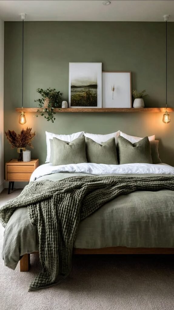 Small bedroom with muted olive green walls, a floating wood shelf, green throw pillows and warm hanging pendant lights on either side of the bed