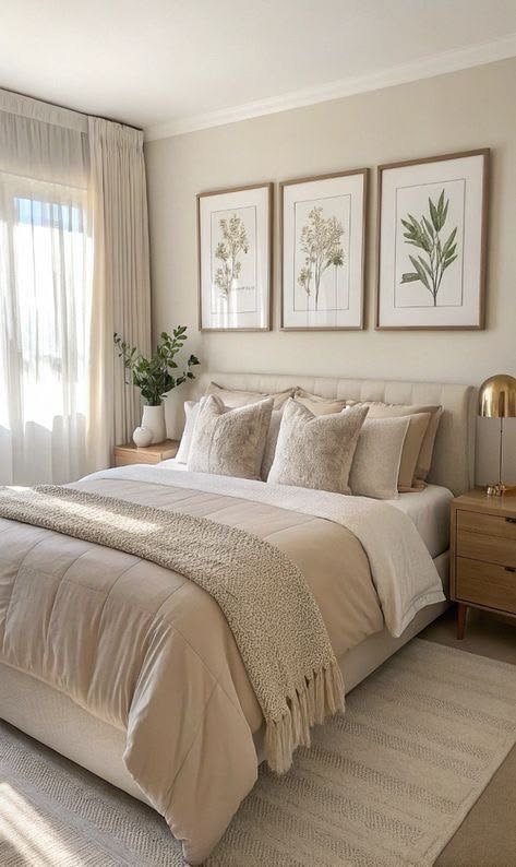 Small bedroom with pale greige walls, three framed botanical prints above a tufted headboard, layered beige bedding and a knit throw