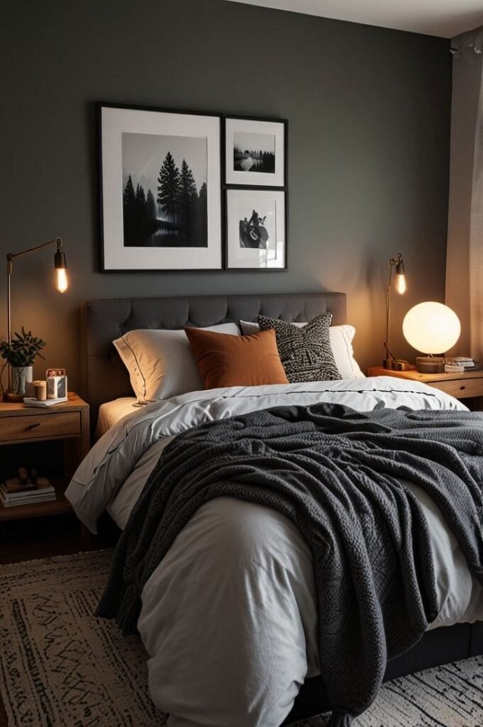Small bedroom with soft charcoal walls, black and white framed photography, warm bedside lamps and a rust-colored accent pillow