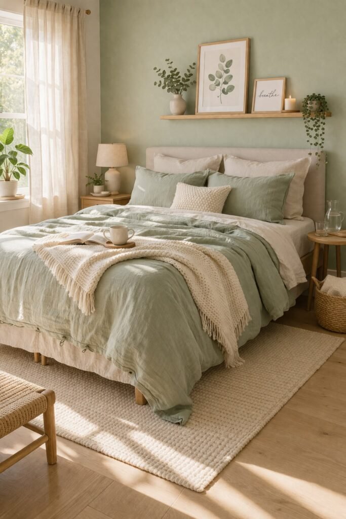 Small bedroom with soft sage green walls, a floating wood shelf with framed botanical art, green throw pillows and a woven area rug