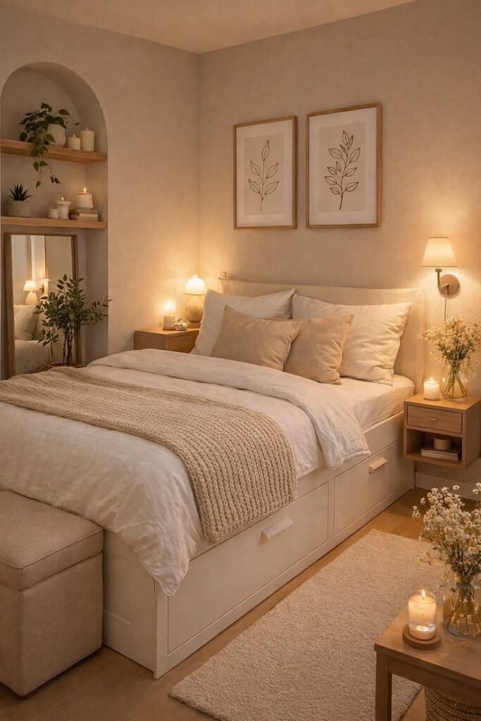Small cozy bedroom with soft sand-colored walls, an arched alcove with shelving, candles, warm lamp lighting and a knit blanket on the bed