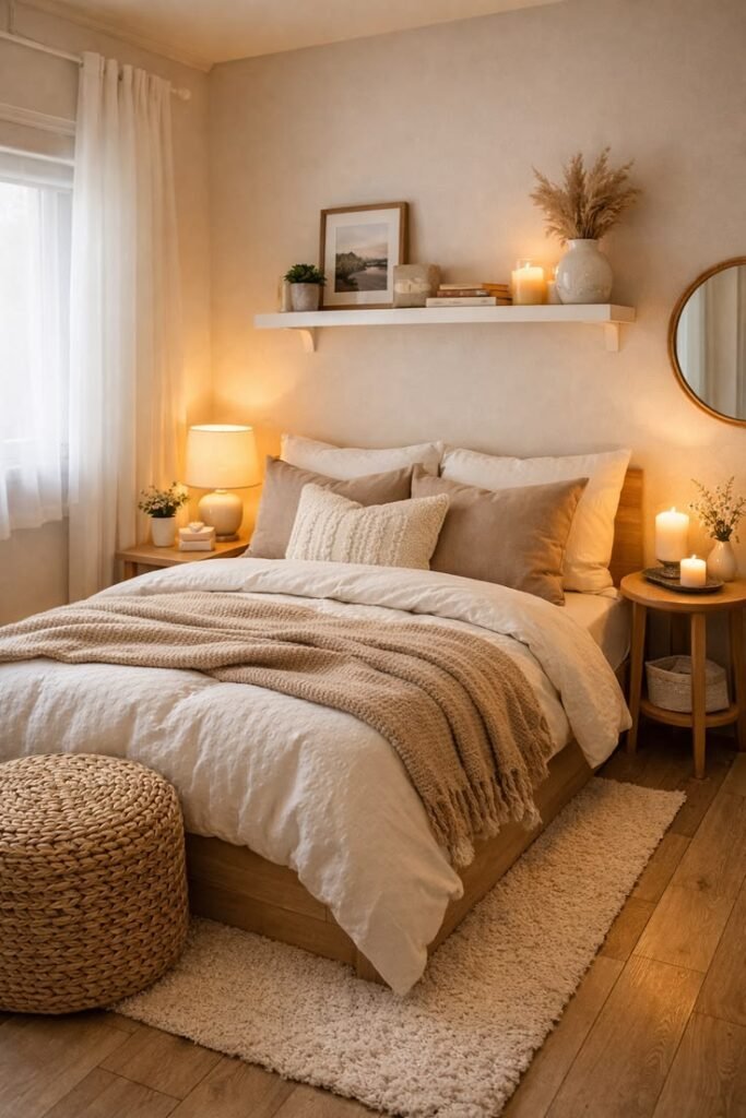 Small cozy bedroom with warm ivory walls, a floating shelf with candles and dried pampas grass, a round mirror and soft lamp lighting