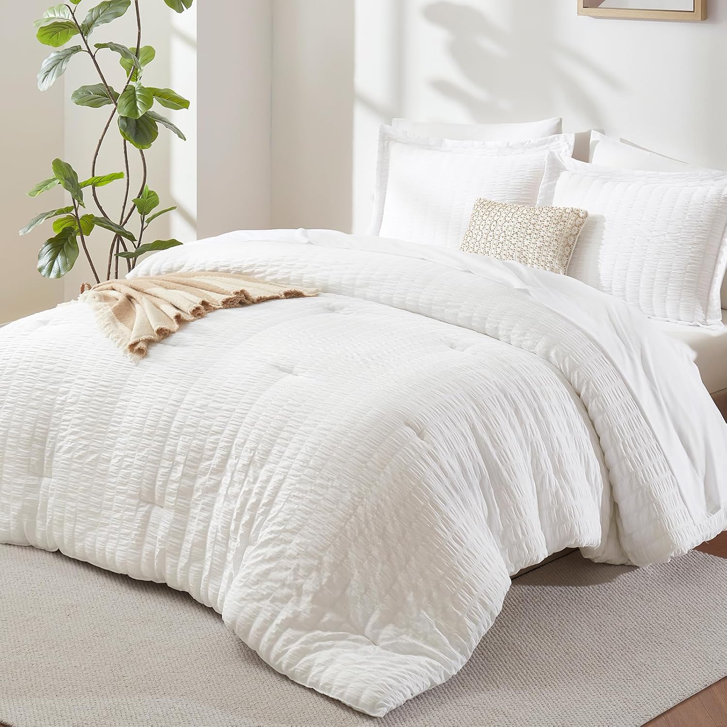 CozyLux Queen Comforter Set, 7 Piece White Seersucker Bed in a Bag