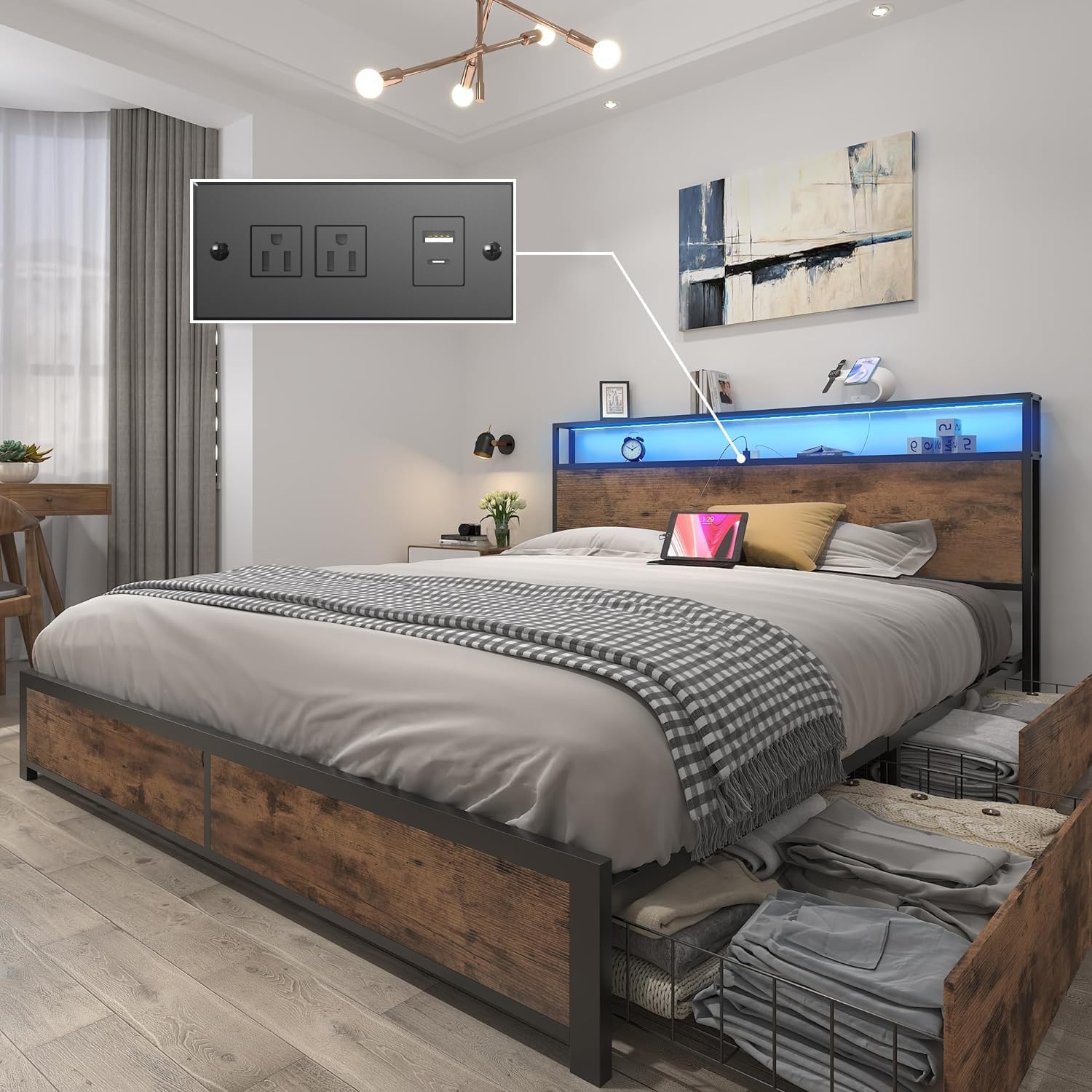 Lifezone Queen Bed Frame with 2-Tier Storage Headboard and 4 Drawers