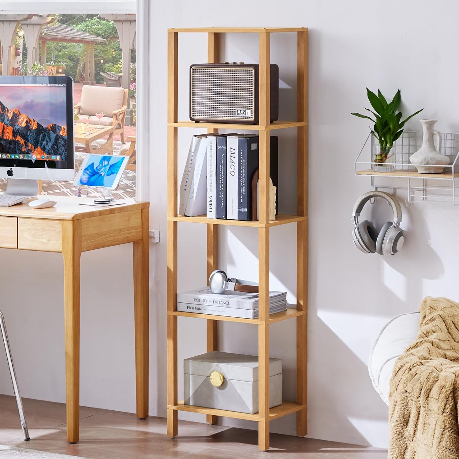 YUFAM 5-Tier Tall Narrow Wooden Bookshelf, Natural
