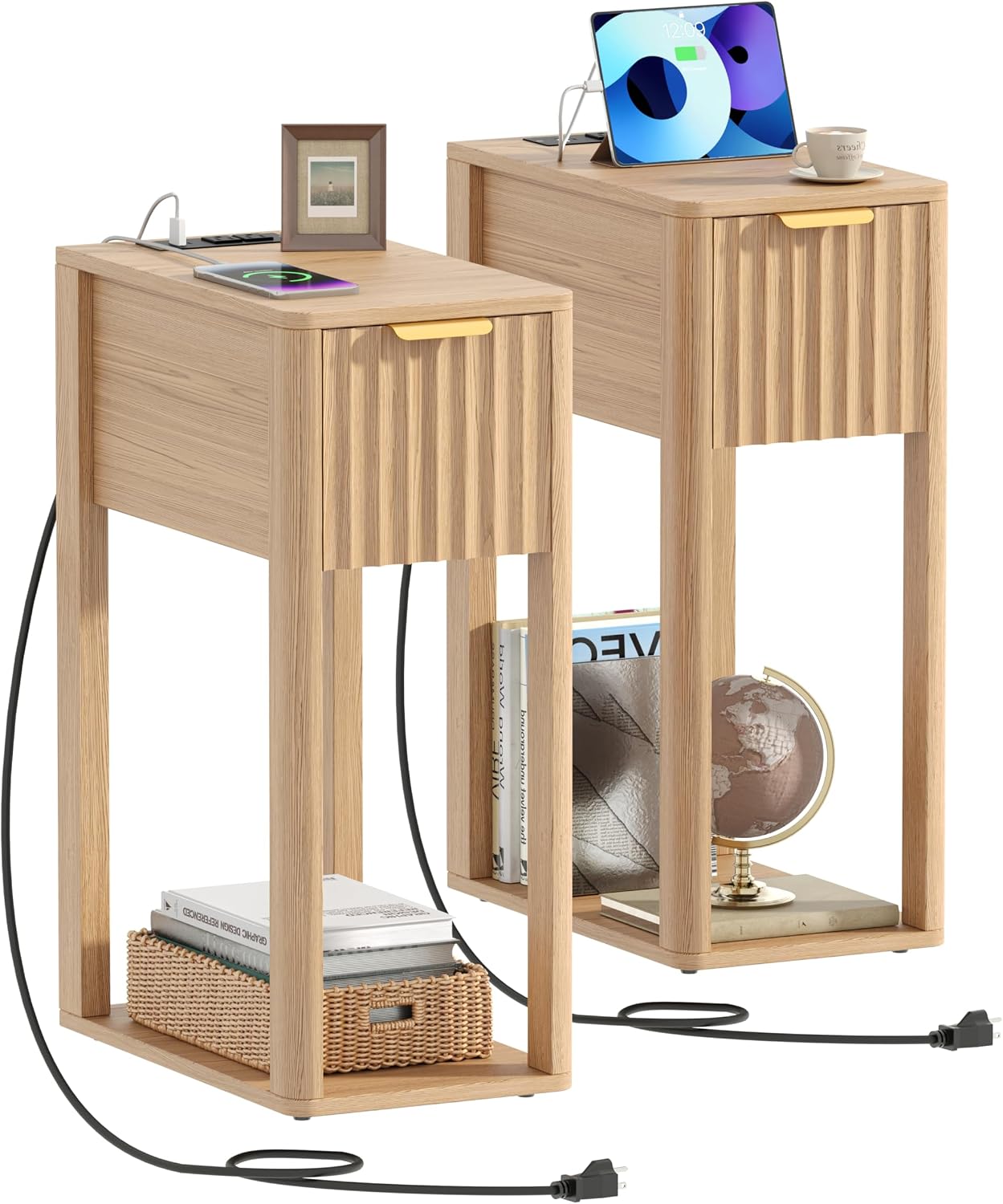 Akxomel Narrow Fluted Oak Nightstand Set of 2 with Charging Station