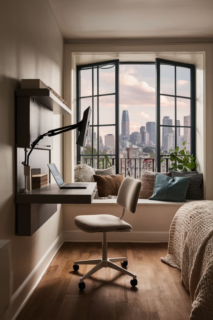 Cozy and stylish bedroom with a compact floating desk